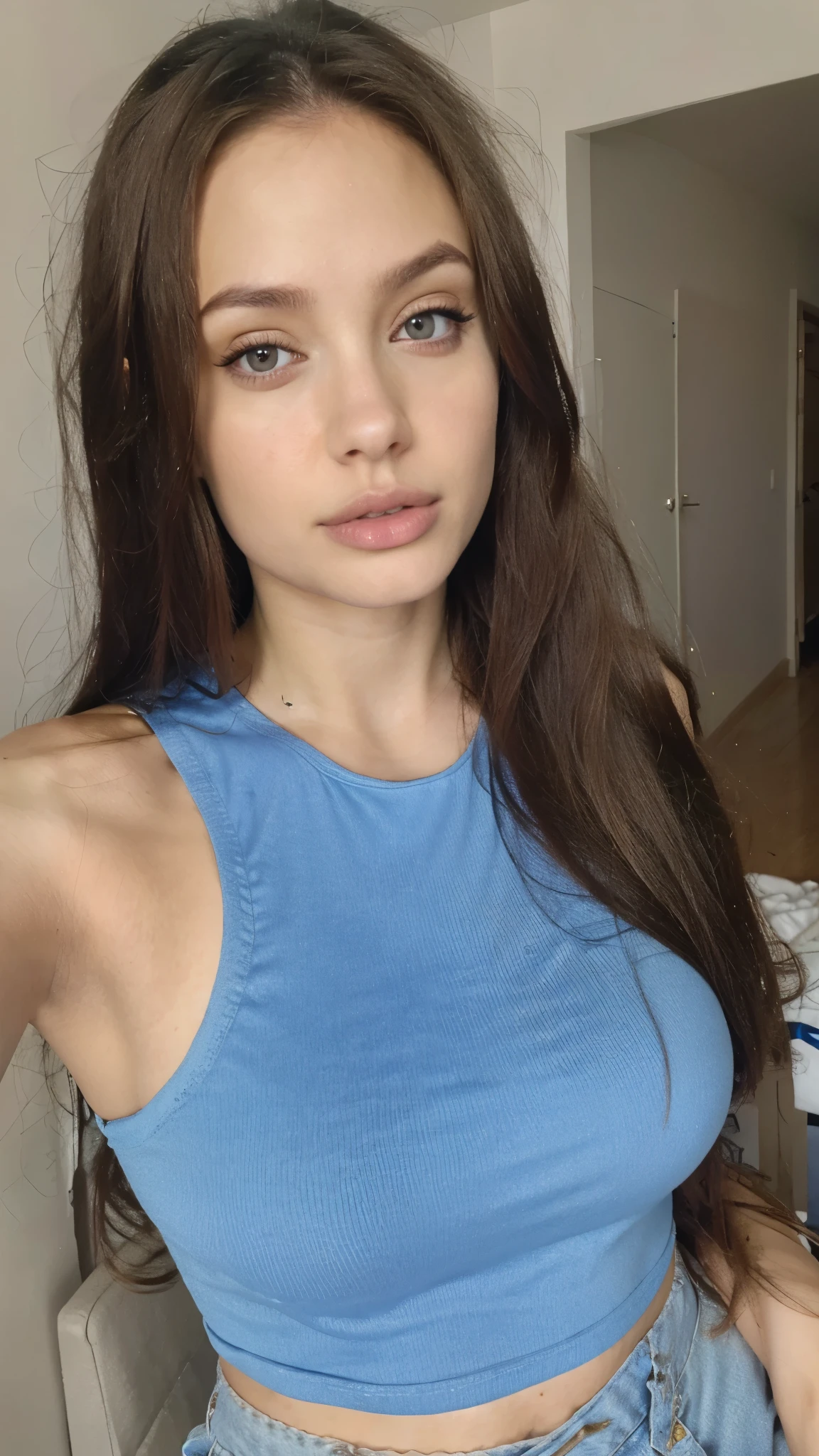 arafed woman with long hair wearing a blue top and jeans, portrait sophie mudd, 2 4 year old female model, 20 years old, violet myers, selfie, instagram model, blue tight tshirt, anna nikonova aka newmilky, viktoria gavrilenko, gorgeous latina face, perfect face ), anastasia ovchinnikova, with blue skin, 21 years old, taking selfie