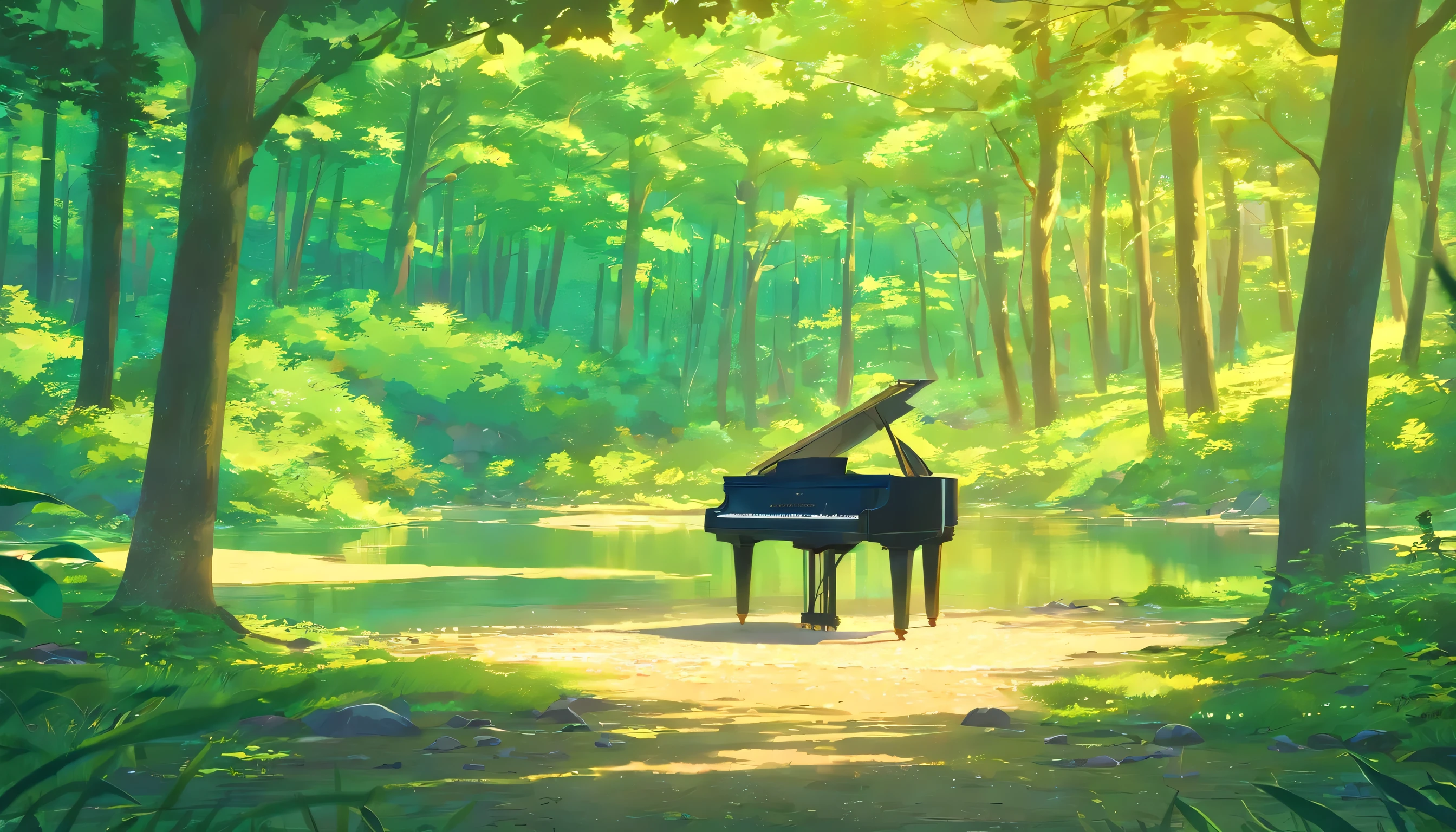 A piano in the middle of the woods near a river