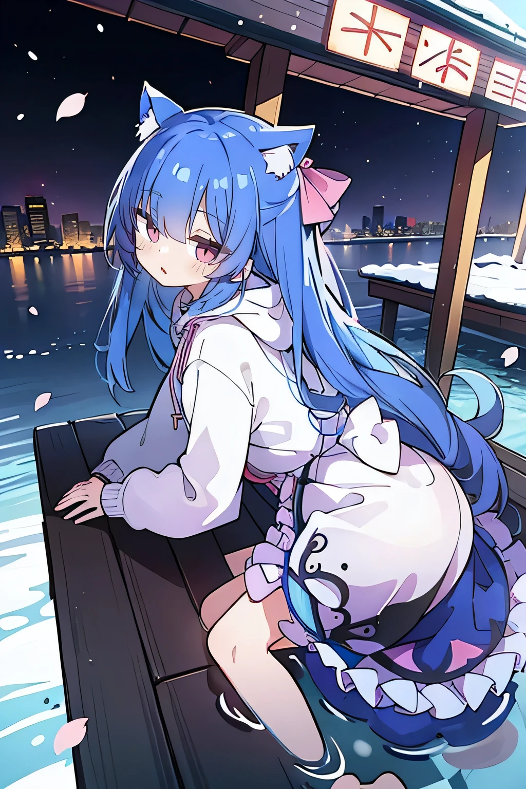 (masterpiece:1.2),Super detailed,lifelike,Expressive eyes,fair skin,perfect face shape,1 girl,
Japanese comics,Gorgeous blue hair,flowing blue hair,flowing clothes,Cat ears,Petals fall,beautiful lola,Baby Angel,
Cross your legs,Gentle and peaceful background,The pavilion is cool and comfortable,smile, wearing hoodie, background of tokyo,back views,snowing, winter,lie on the water.