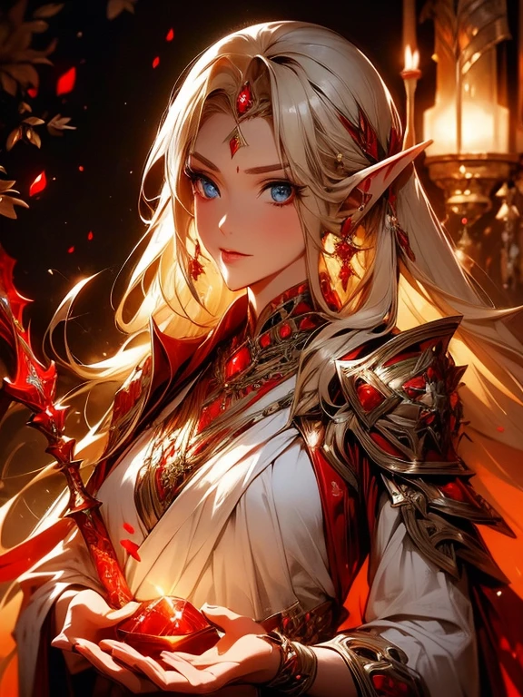 female adult elf with dark blonde hair, forehead, wearing a beautiful glowing dress with demonic red Accessoires and gemstones and black silver armor details