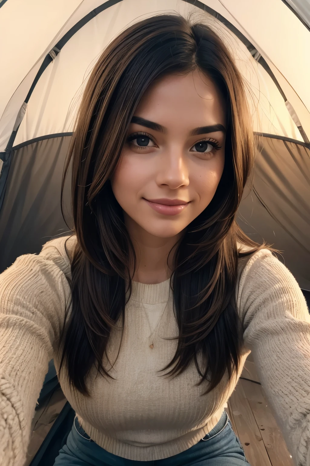 1 woman, american, beautiful, ((upper body selfie, happy)), Filming in a tent, Tent Open Sign,Masterpiece, Best Quality, Ultra-detailed, Solo, shadowy, contrast, analog style (looking up at viewer:1.2) (skin texture) (film grain:1.3), (warm hue, warm tone:1.2), close-up, Cinematic light, Sidelighting, The ultra-Highres, best shadows, ..raw, upper half body, wearing pullover, Relaxed and intimate photos, brown long straight hairs,