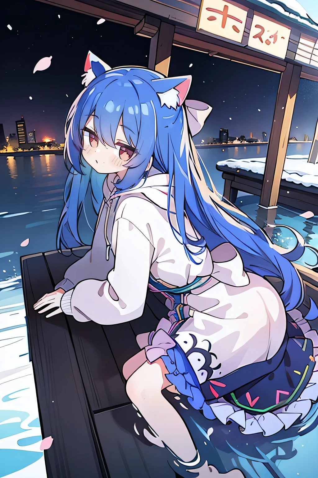 (masterpiece:1.2),Super detailed,lifelike,Expressive eyes,fair skin,perfect face shape,1 girl,
Japanese comics,Gorgeous blue hair,flowing blue hair,flowing clothes,Cat ears,Petals fall,beautiful lola,Baby Angel,
Cross your legs,Gentle and peaceful background,The pavilion is cool and comfortable,smile, wearing hoodie, background of tokyo,back views,snowing, winter,lie on the water.