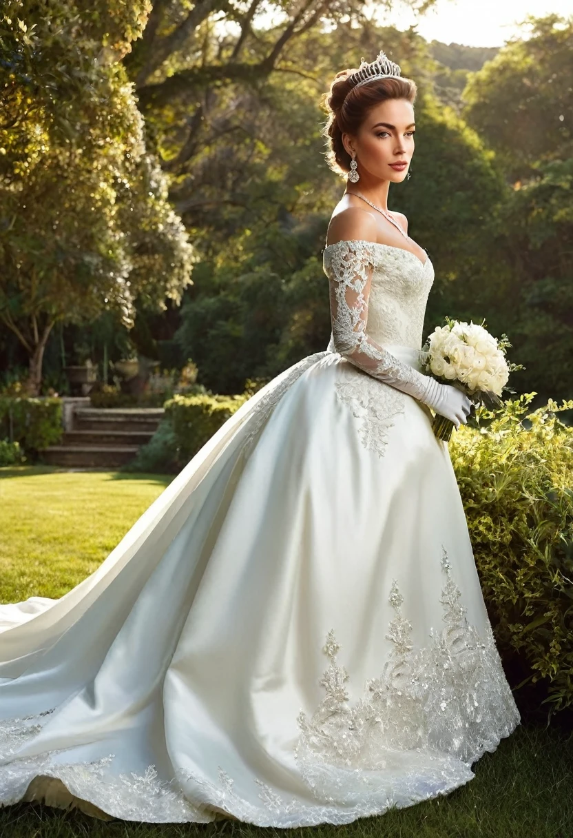 Frances O'Connor Is a stunning model, and in this image, she's dressed in a breathtaking Victorian-style wedding gown. The white satin bridal gown has a full, princess-style skirt and a long train that flows behind her. The intricate bodice is adorned with lace, diamonds, and a delicate bow at the waist. Her hair is styled in an elegant updo, complete with a sparkling tiara. She wears elbow-length opera gloves and diamond earrings and a necklace that complement the dress perfectly. The image is set against a majestic outdoor backdrop, with a serene landscape and soft lighting that highlights the beauty of the gown and the model.