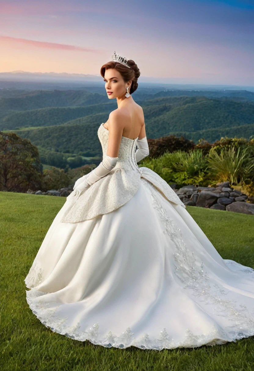 Frances O'Connor Is a stunning model, and in this image, she's dressed in a breathtaking Victorian-style wedding gown. The white satin bridal gown has a full, princess-style skirt and a long train that flows behind her. The intricate bodice is adorned with lace, diamonds, and a delicate bow at the waist. Her hair is styled in an elegant updo, complete with a sparkling tiara. She wears elbow-length opera gloves and diamond earrings and a necklace that complement the dress perfectly. The image is set against a majestic outdoor backdrop, with a serene landscape and soft lighting that highlights the beauty of the gown and the model.