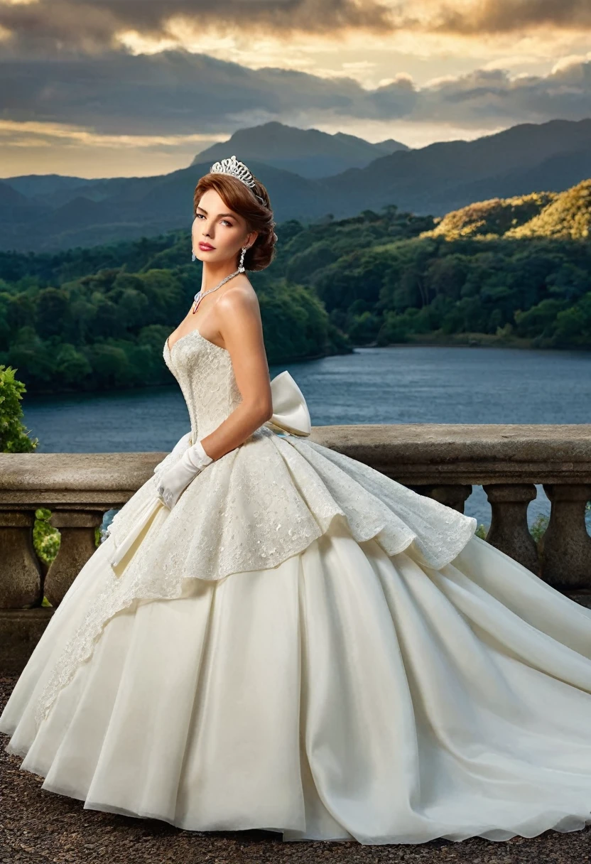 Frances O'Connor Is a stunning model, and in this image, she's dressed in a breathtaking Victorian-style wedding gown. The white satin bridal gown has a full, princess-style skirt and a long train that flows behind her. The intricate bodice is adorned with lace, diamonds, and a delicate bow at the waist. Her hair is styled in an elegant updo, complete with a sparkling tiara. She wears elbow-length opera gloves and diamond earrings and a necklace that complement the dress perfectly. The image is set against a majestic outdoor backdrop, with a serene landscape and soft lighting that highlights the beauty of the gown and the model.