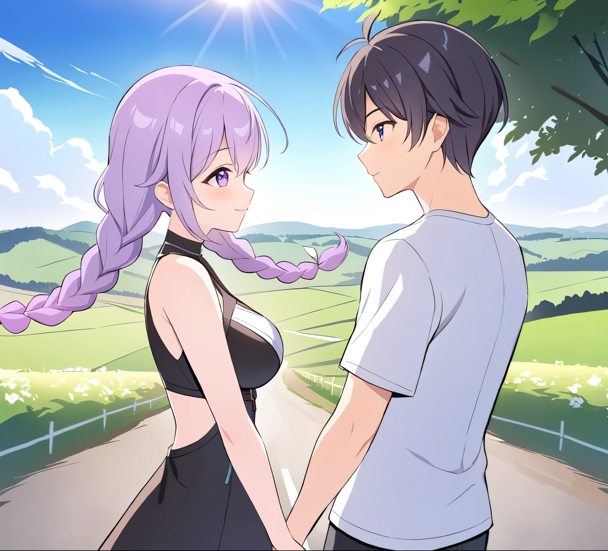 A couple(1 male, 1 woman with purple and white gradient double braids),Meet on a country road,Face to Face,Four eyes facing each other,Sunshine,The background is green fields and hills in the distance,Warmth,romantic,happiness