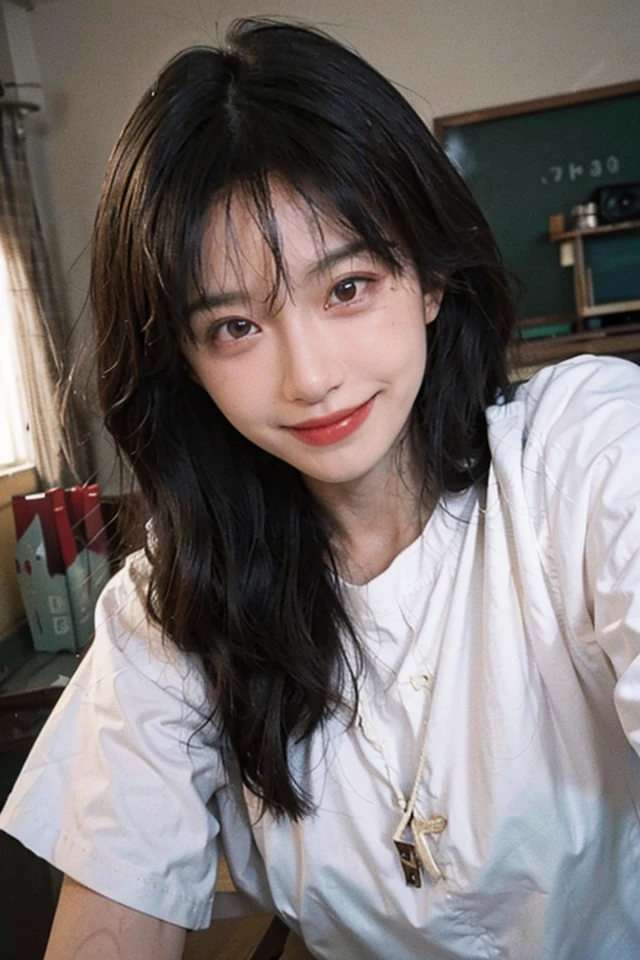 8K,Best quality, masterpiece, ultra high res, (photorealistic:1.4), raw photo, (Authentic skin texture:1.3), (film grain:1.3), (selfie angle),1girl,beautiful detailed eyes and face,masterpiece, best quality,close-up,upper bod, Long dark brown hair, dark brown eyes, clear white skin, and a cute smile ,Wear a pastel colored shirt.