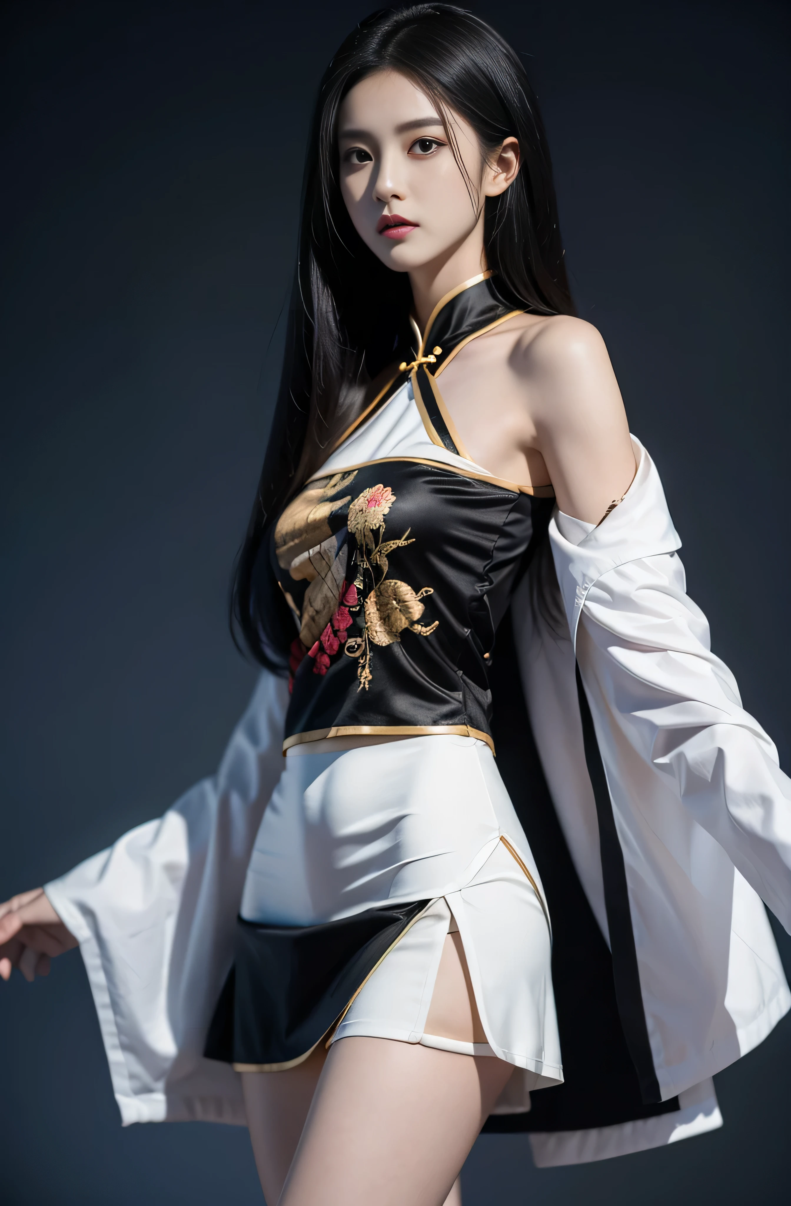 1 Girl, Black Hair, looking at the audience, Chinese clothes, Keep, skirt, Solitary focus, long hair, black eyes, Practical, Bare shoulders, Bare thighs，white skirt, whole body, Blurred background, Solitary