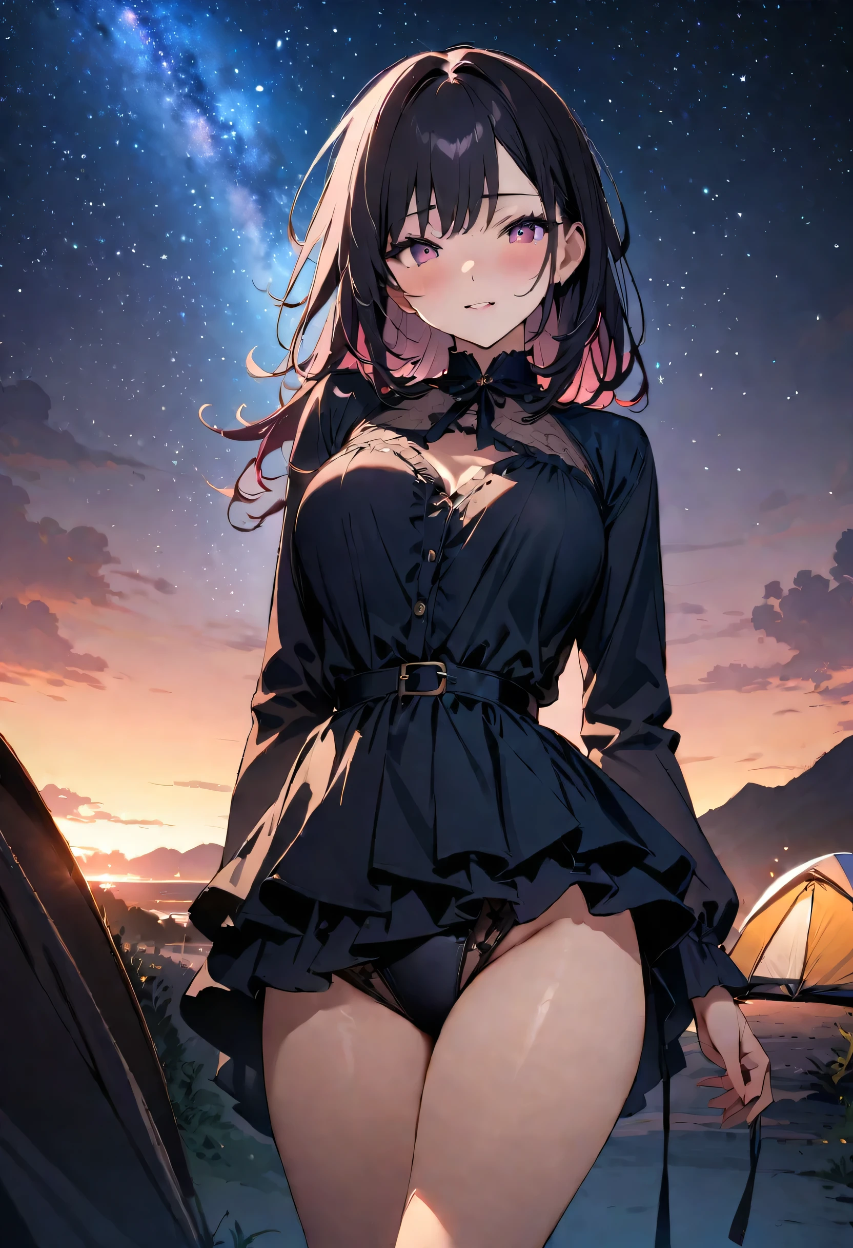 masterpiece, highest quality, Illustrations for novels, High resolution, 18+ Adult content, Sensual, Intimate, Emotional, Passionate, romantic, sweet, Adorable, Innocent, Pure, Fascinating, Fascinating, attractive, Mysterious, Fascinating, Fascinating, Immersive, Fascinating, dream-like, , ((Cowboy Shot)),(((A woman camping under a starry sky)).