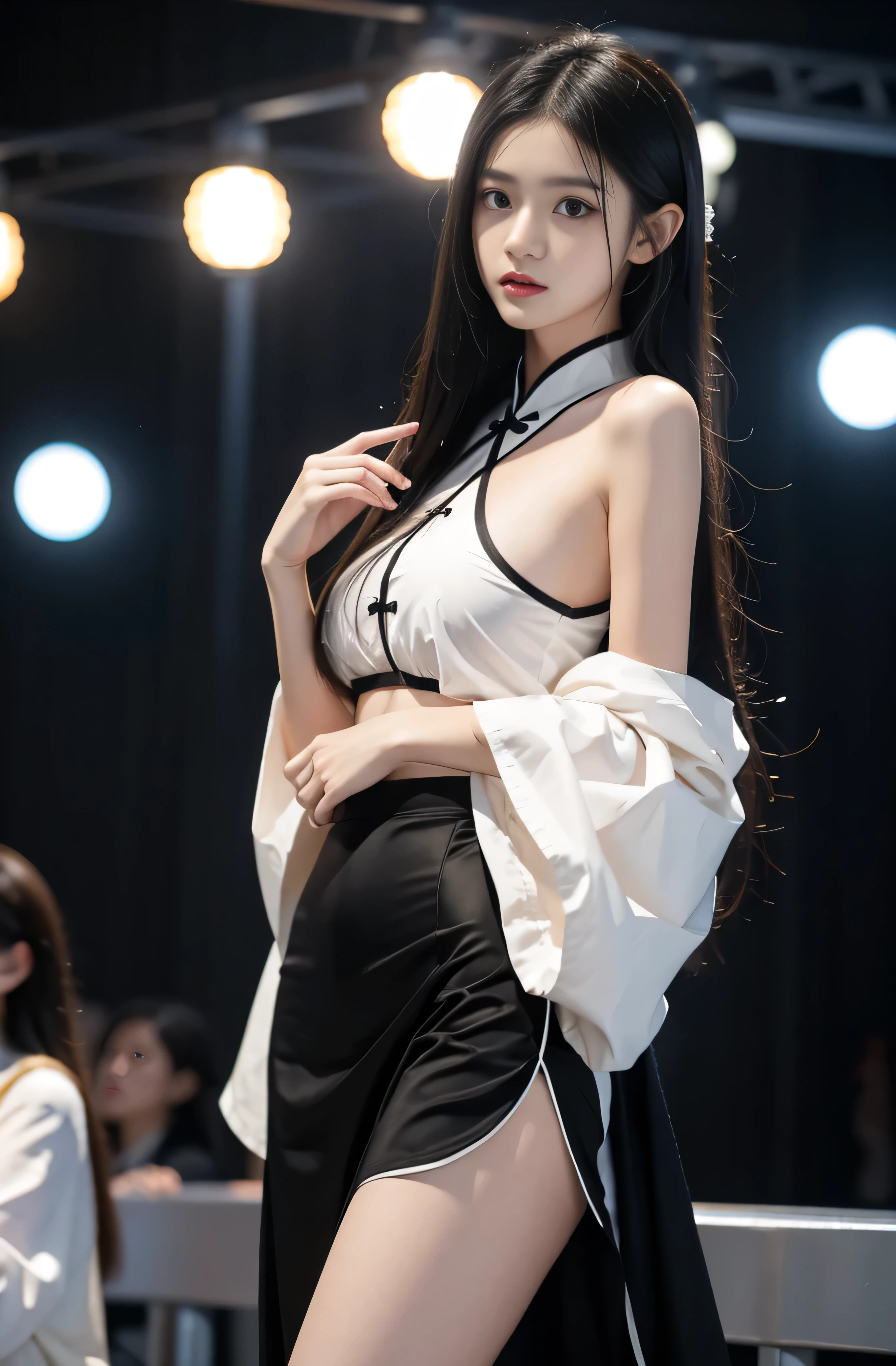 1 Girl, Black Hair, looking at the audience, Chinese clothes, Keep, skirt, Solitary focus, long hair, black eyes, Practical, Bare shoulders, Bare thighs，white skirt, whole body, Blurred background, Solitary