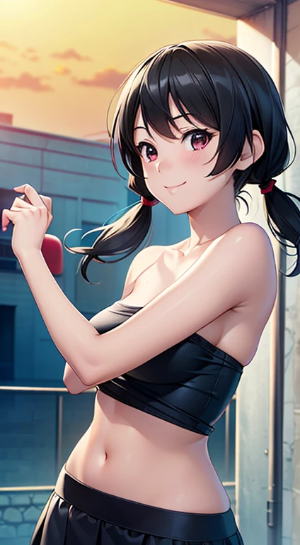 ((masterpiece, highest quality, High resolution, Hmm, Pixel perfect, Depth of written boundary, 4k, RTX, HDR))), 1 Girl, single, alone, Beautiful Anime Girls, Beautiful art style, Sunburned skin, anime character,,(Black hair,,Low twin tails:1.5), (Smooth texture:0.75, Realistic texture:0.65, Realistic:1.1, Anime CG Style), Medium breast, (Dynamic Angle, Dynamic pose:1.4, Watching the audience), Perfect body ,(Black Tube Top), mini skirt, smile, Sunburned skin, High school girls