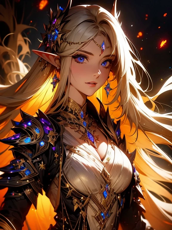 female adult elf with dark blonde hair, forehead, wearing a beautiful glowing dress with demonic Accessoires and gemstones and black silver armor details, demon horns, purple armor