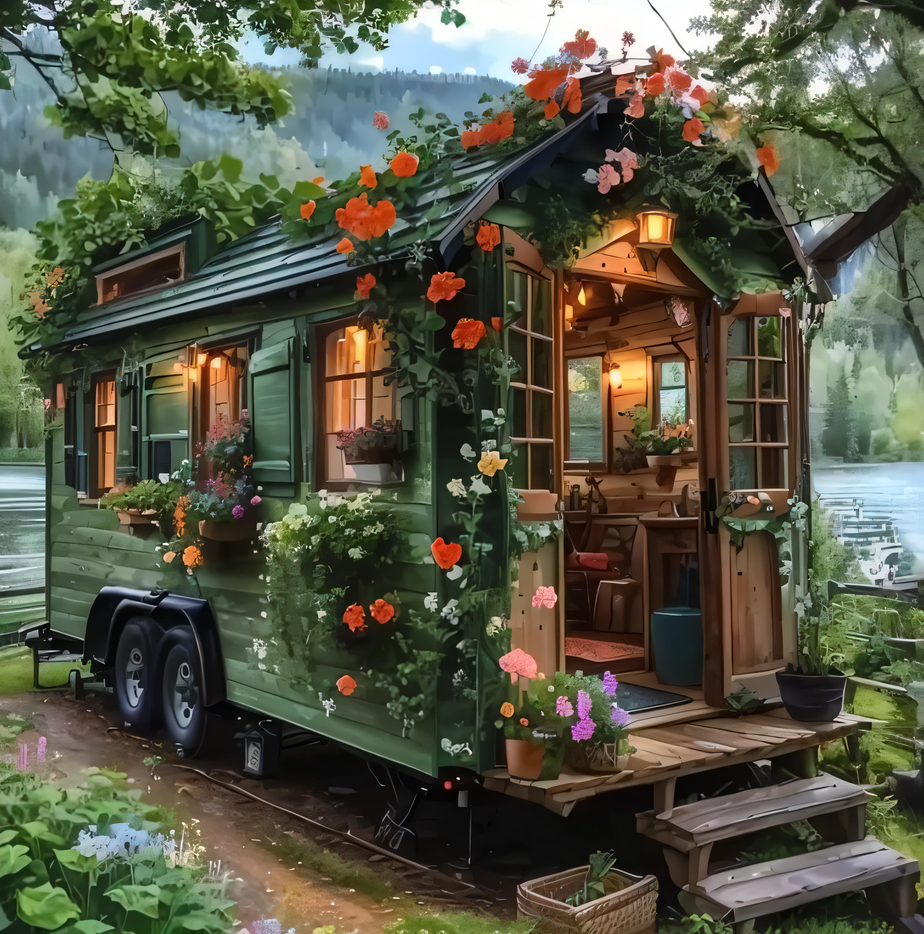 a green tiny house with a porch and a porch chair, neo - gypsy caravan, cottagecore hippie, cottagecore!!, nature and floral aesthetics, tiny house, decorated with flowers, cottage hippie naturalist, cozy place, cosy enchanted scene, incredibly beautiful, flowery cottage, stunningly beautiful, beautiful setting, very very beautiful!, lush flowery outdoors, background in the garden