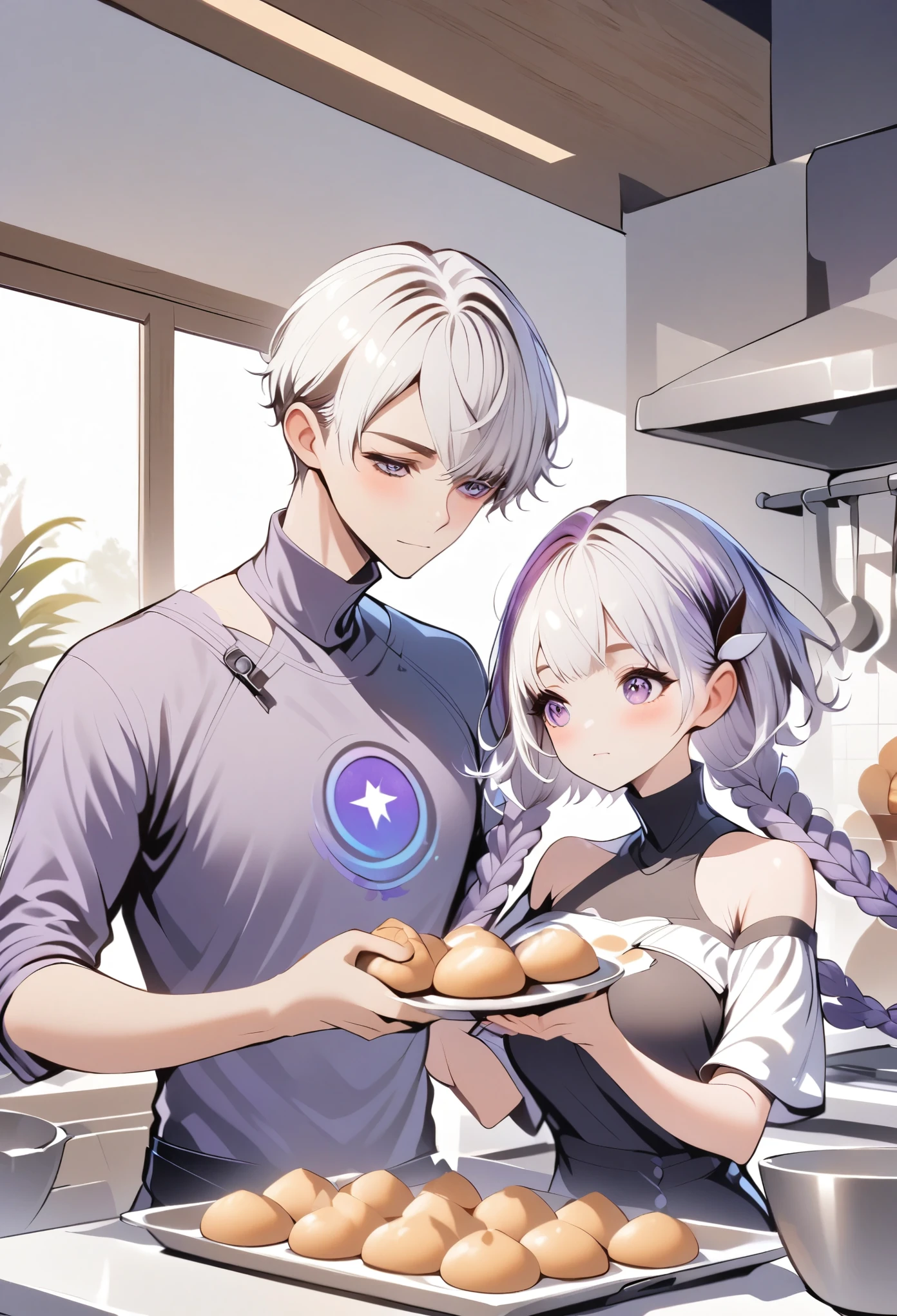 A romantic couple in a kitchen, 1 boy with short hair and 1 girl with white hair in purple braids, wearing a high-neck off-shoulder top, baking pastries, with a cat and plants by the window, layered artistic style, intricate details