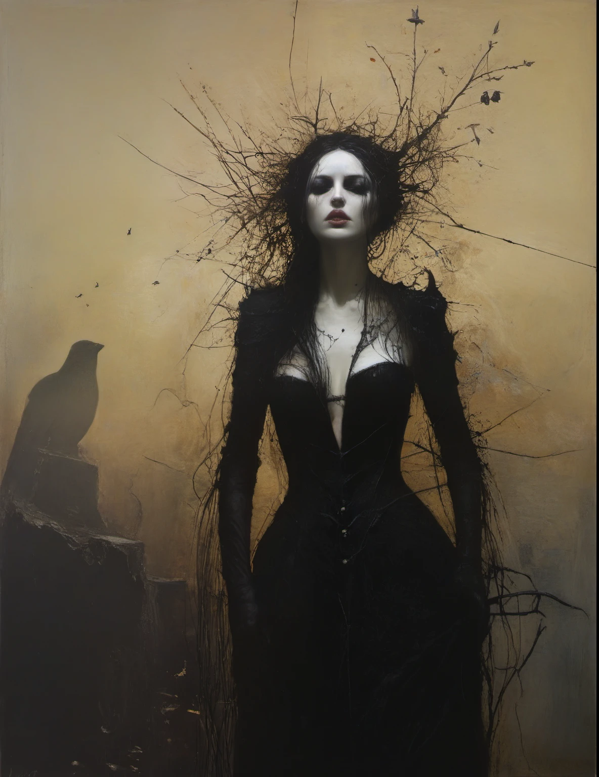 James Gurney, Surrealist art , dream-like, Mysterious, Provocative, symbolic, Complex, detailed,, (Gothic but very beautiful:1.4), (masterpiece, highest quality:1.4) , Nicola Samori Style, Queen of Sticks