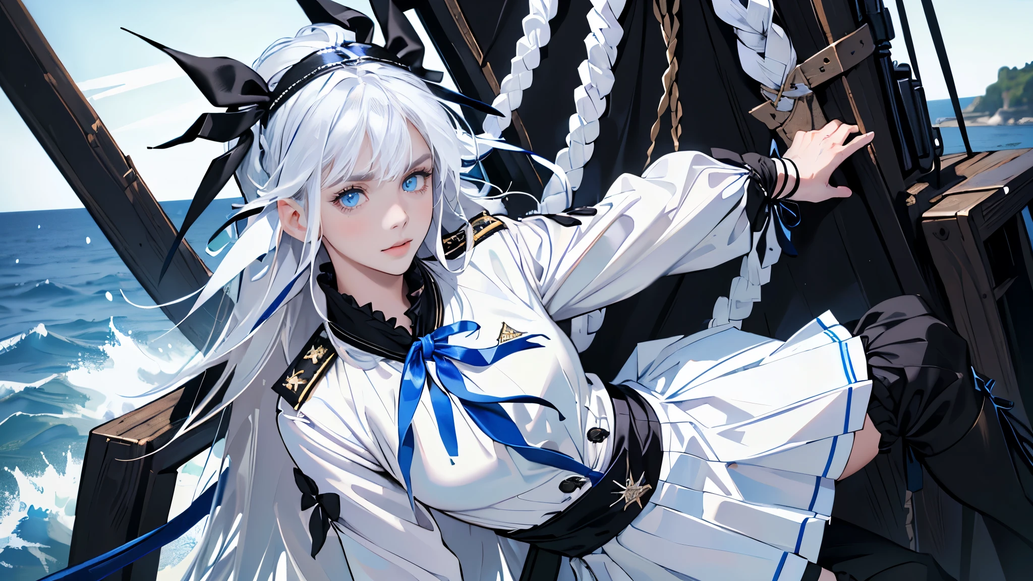 masterpiece, ultra detailed, 8k portrait, RAW photo, portrait photography, highly detailed face, beautiful and meticulous eyes, (black long hair:1.5), blue eyes, (white hair band and ribbon:1.5), white center line blue military uniform, blue pleats mini skirt, on the Pirates ship, white tights, half boots, standing, by the sea,