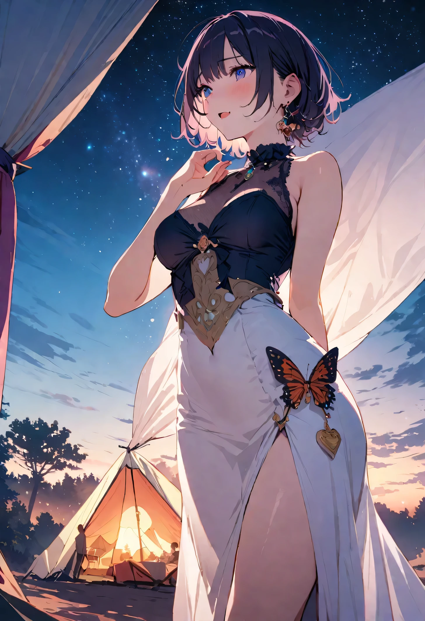 masterpiece, highest quality, Illustration of the novel, High resolution, 18+ Adult content, Sensual, Intimate, Emotional, Passionate, romantic, sweet, Adorable, Innocent, Pure, Charming, Charming, Charm, Mysterious, Charming, Charming, Immersive, Charming, dream-like, Surreal, Imaginative, Whimsical, artistic, Avant-garde, timeless, elegant, Sophisticated, chic, Sophisticated, ((Cowboy Shot)),(((Woman camping under the stars)).