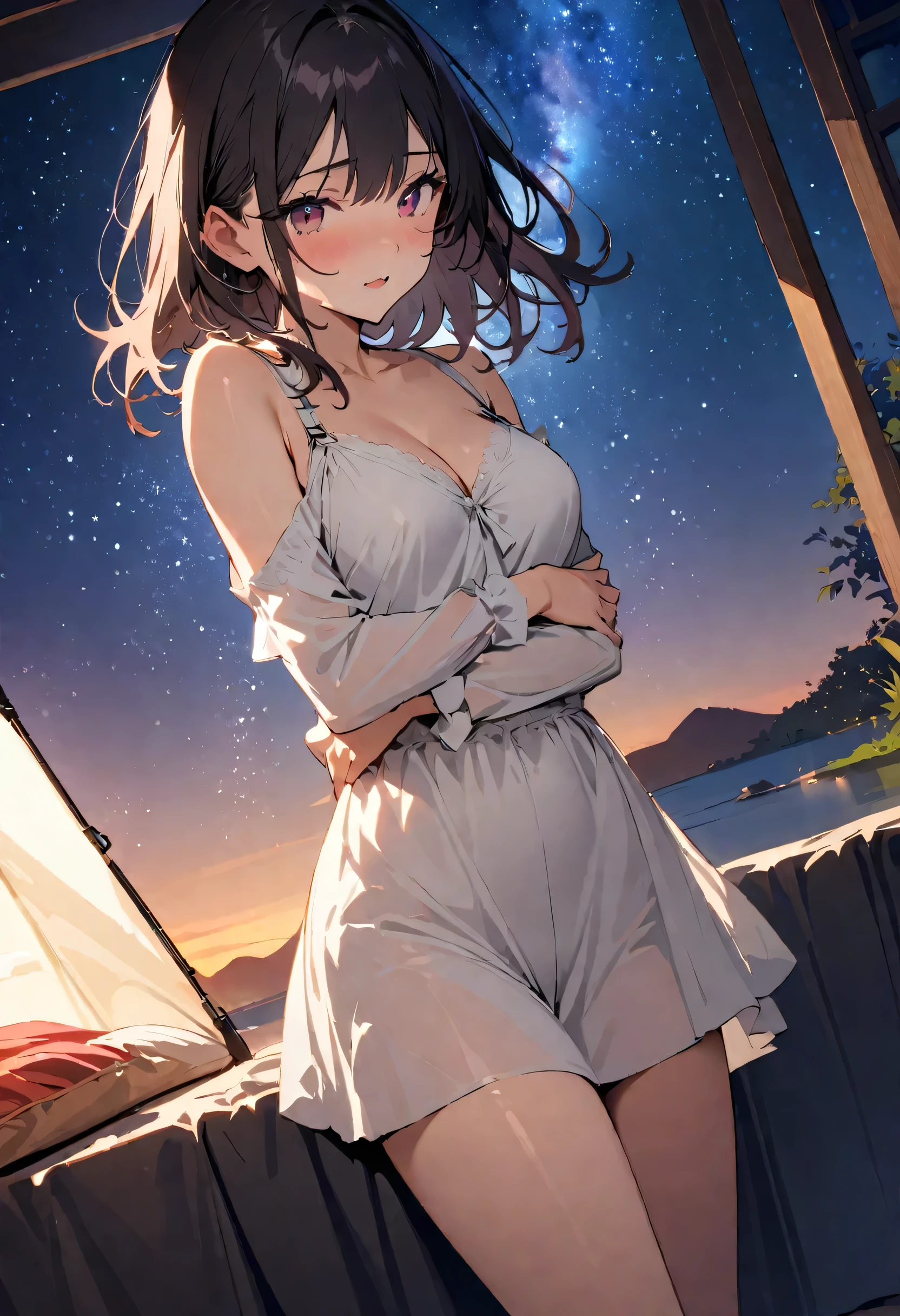 masterpiece, highest quality, Illustrations for novels, High resolution, 18+ Adult content, Sensual, Intimate, Emotional, Passionate, romantic, sweet, Adorable, Innocent, Pure, Fascinating, Fascinating, attractive, Mysterious, Fascinating, Fascinating, Immersive, Fascinating, dream-like, , ((Cowboy Shot)),(((A woman camping under a starry sky)).