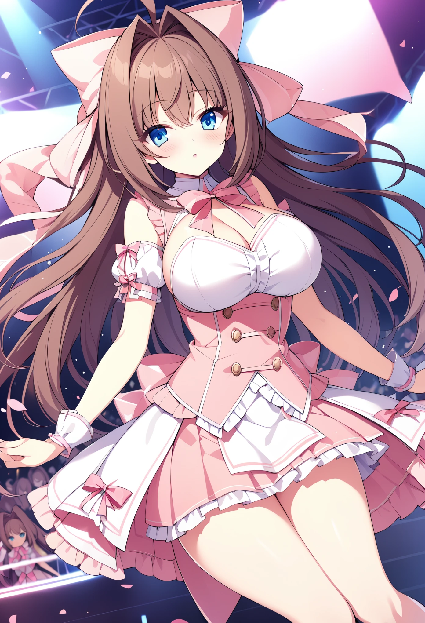 otome .blue eyes ,brown hair, bow, long hair, hair intakes, pink bow, ahoge, large breasts., large breasts, live stage, solo,