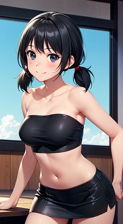 ((masterpiece, highest quality, High resolution, Hmm, Pixel perfect, Depth of written boundary, 4k, RTX, HDR))), 1 Girl, single, alone, Beautiful Anime Girls, , Beautiful art style, Sunburned skin, anime character,,(Black hair,,Low twin tails:1.5), (Smooth texture:0.75, Realistic texture:0.65, Realistic:1.1, Anime CG Style), Medium breast, (Dynamic Angle, Dynamic pose:1.4, Watching the audience), Perfect body ,(Black Tube Top), mini skirt, smile, Sunburned skin,