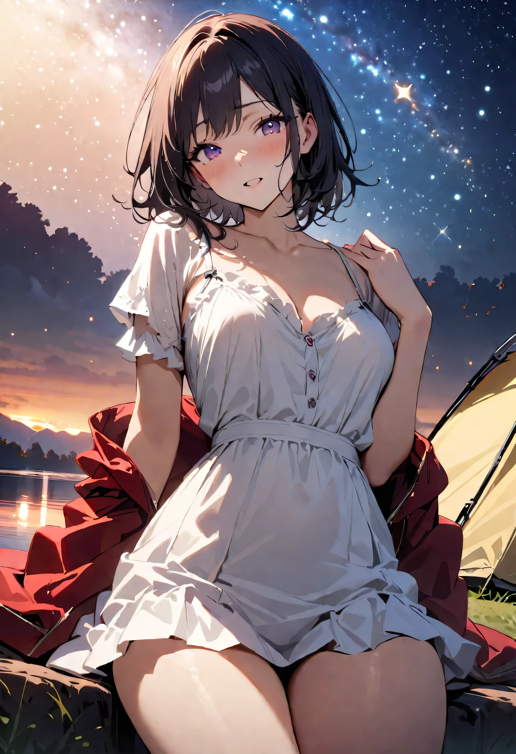 masterpiece, highest quality, Illustrations for novels, High resolution, 18+ Adult content, Sensual, Intimate, Emotional, Passionate, romantic, sweet, Adorable, Innocent, Pure, Fascinating, Fascinating, attractive, Mysterious, Fascinating, Fascinating, Immersive, Fascinating, dream-like, , ((Cowboy Shot)),(((A woman camping under a starry sky)).
