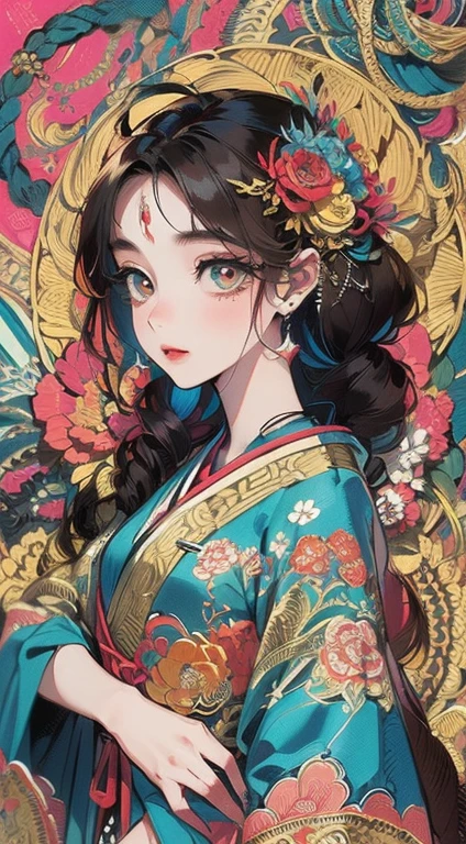 (masterpiece, highest quality, highest quality, Official Art, beautifully、aesthetic:1.2), (One girl:1.3), Very detailed,(Fractal Art:1.2),colorful,Most detailed,(Zentangle:1.2), (Dynamic pose), (Abstract background:1.5), (Traditional Costume:1.2), (Shiny skin), (Many colors:1.4), Upper Body