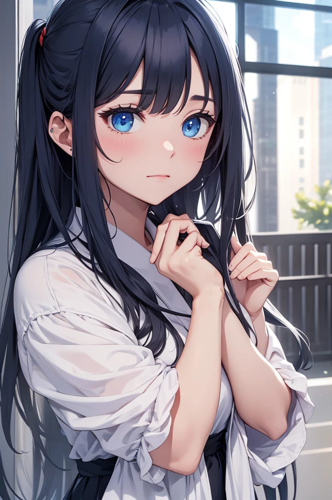 Blue delicate eyes, embarrassed, blushing