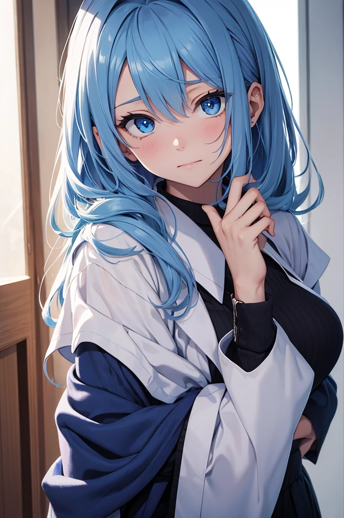 Blue delicate eyes, embarrassed, blushing