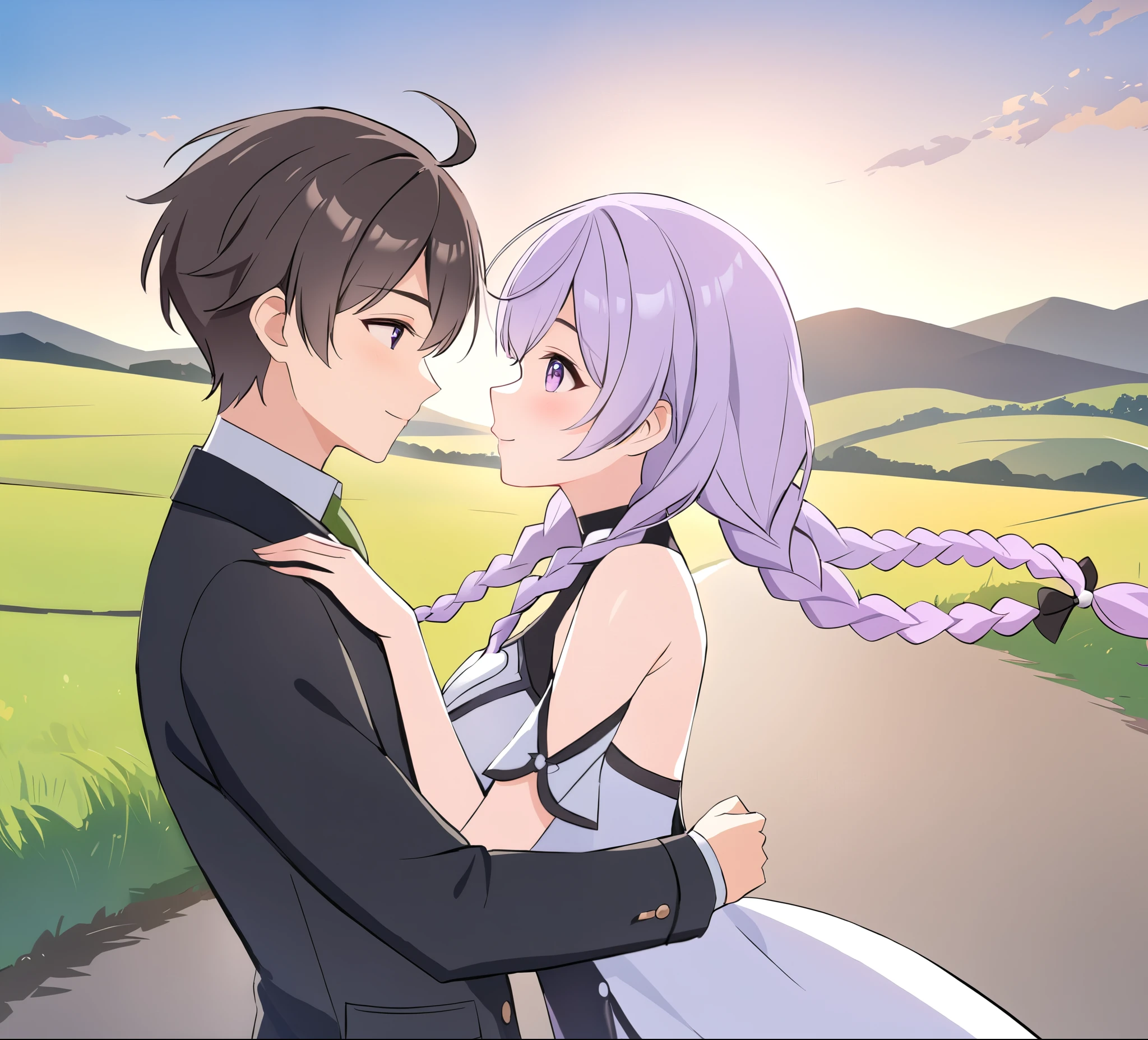 A couple(1 male, 1 woman with purple and white gradient double braids),Meet on a country road,Face to Face,Four eyes facing each other,Sunshine,The background is green fields and hills in the distance,Warmth,romantic,happiness