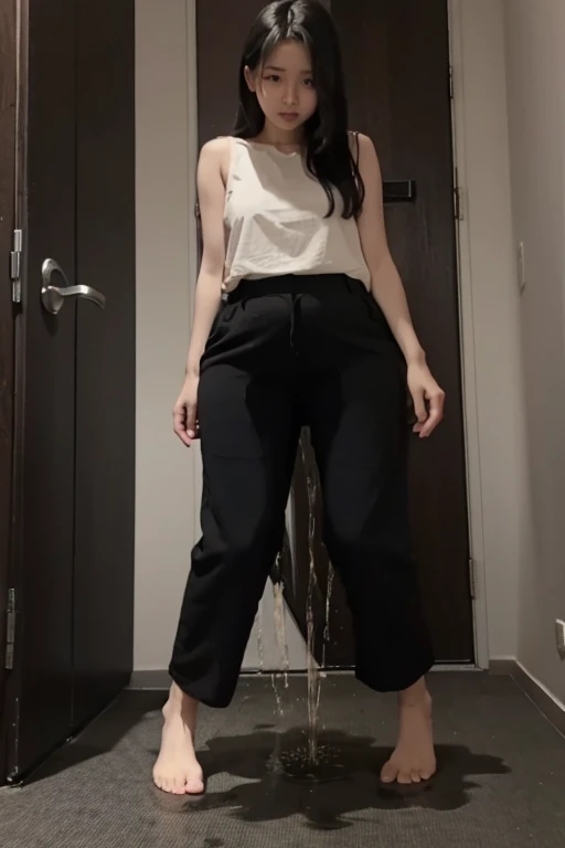 Malay Girl sees the ghost and pees her black culotte pants until her pants are wet in fright.