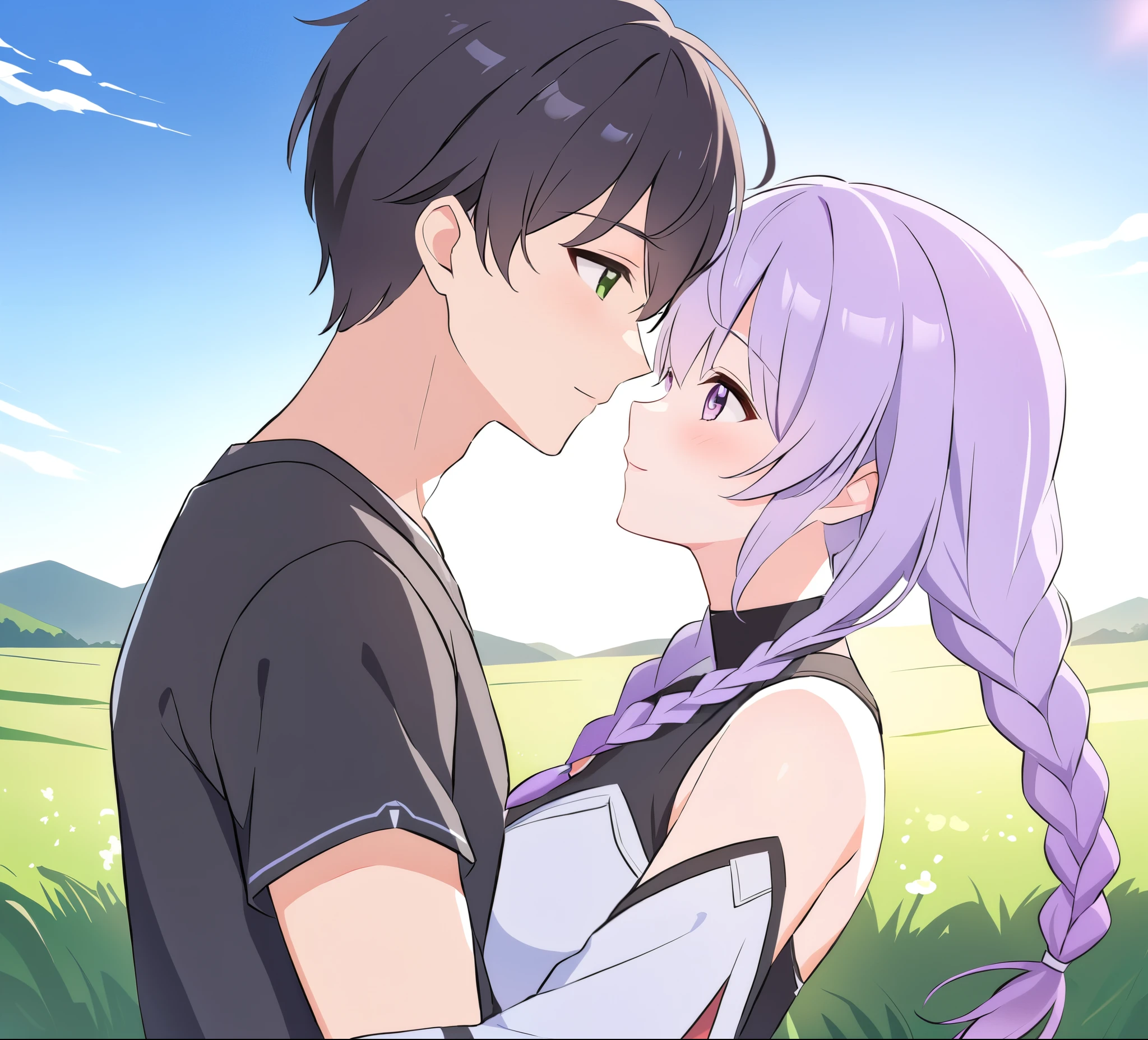 A couple(1 male, 1 woman with purple and white gradient double braids),Meet on a country road,Face to Face,Four eyes facing each other,Sunshine,The background is green fields and hills in the distance,Warmth,romantic,happiness