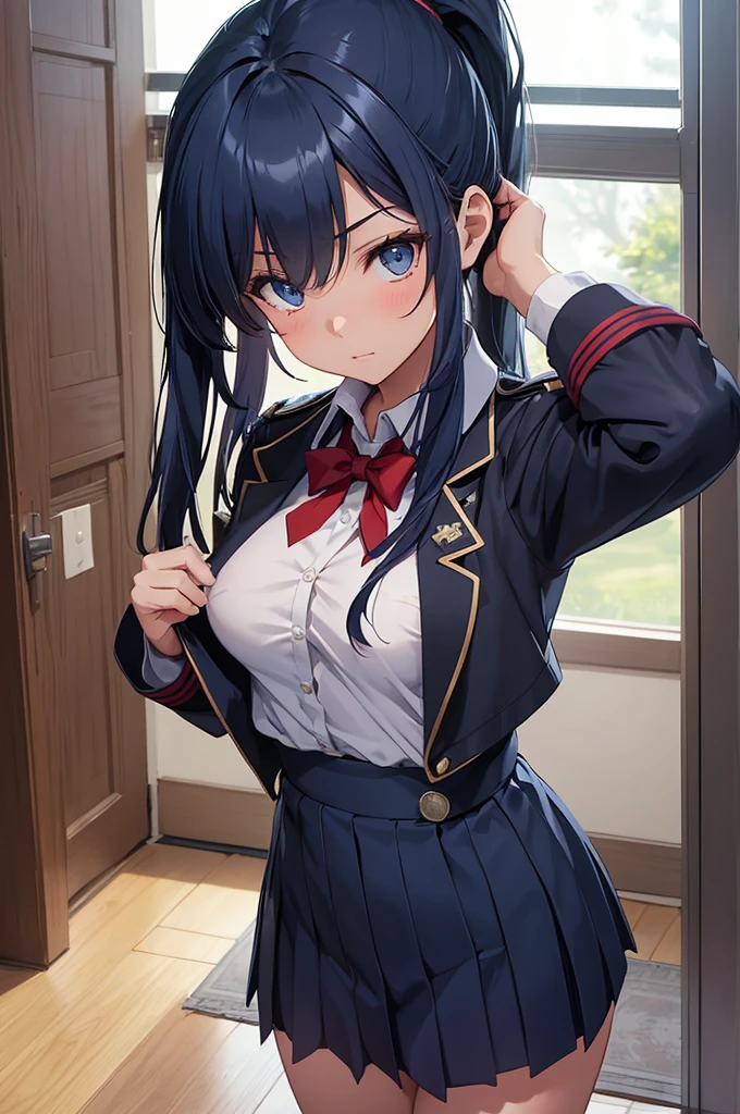 1girl, solo, Laura S. Arseid (long dark blue hair, ponytail and side Bang, small boobs), (inspired by trails of cold steel) in a school dress showing off her panties, in a military school, embarrassed