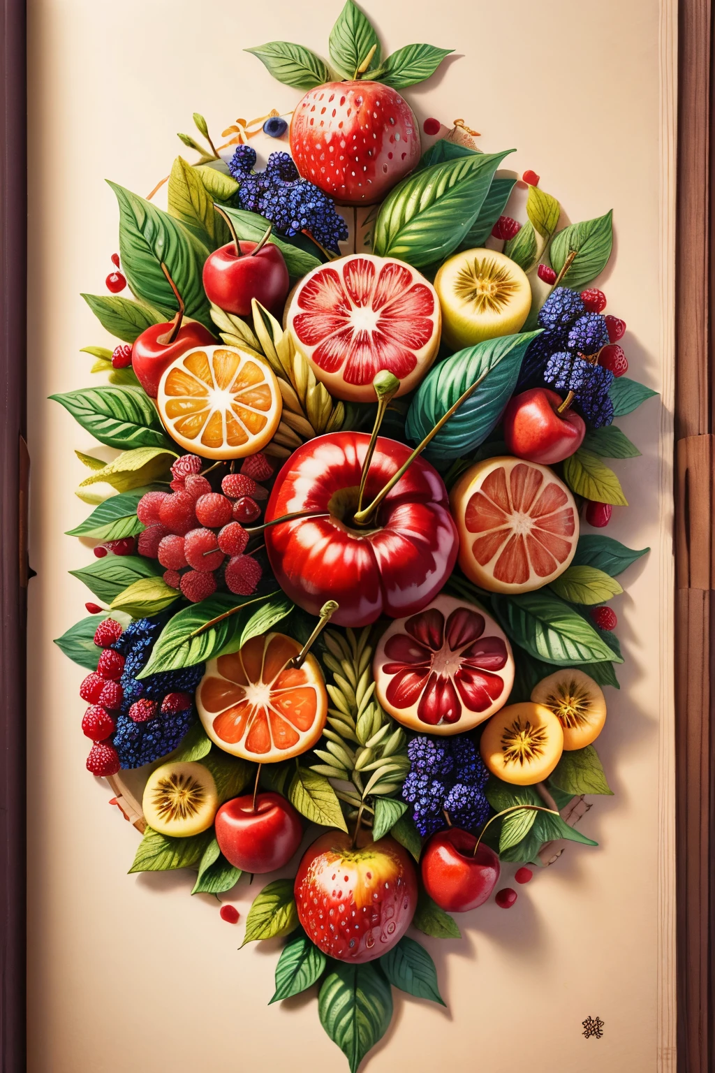 Detailed illustration of a medieval herbal manuscript page with herbal illustrations, 带有花卉和fruit插图, fruit,, Extremely high detail, View from above, focus, nobody, no one. fruit vermelhas, cherry, fruit saindo do cestos, vidros com fruit dentro