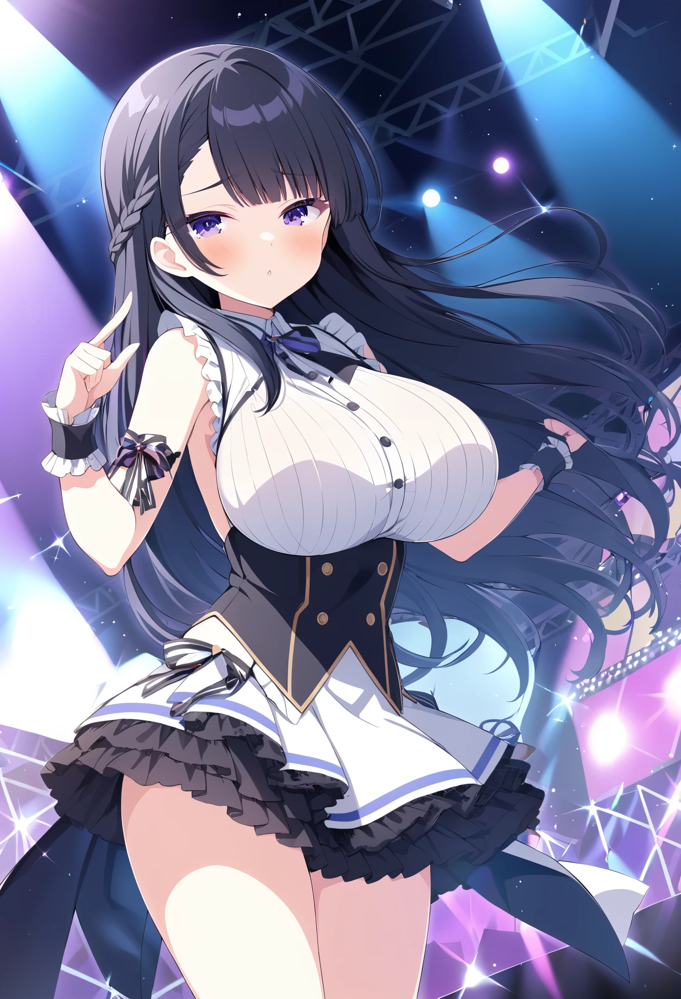 shirouzurikka, purple eyes, braid, long hair, black hair,, large breasts., large breasts, live stage, solo,