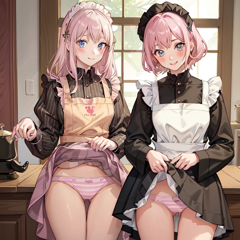 highest quality、masterpiece、((2 girls:1.5))、((smile:1.3))、(blush:1.3)、Black Shirt、blouse、((fun!!))、(Small breasts)、()、Blonde、(Long sleeve)、((White apron:1.5))、((Maid))、((hair ornaments)),、Kamimei、look at me、 ((in house:1.5))、 Taking a break from watching the audience、Cowboy Shot、(Skirt lift:1.3),(Highly detailed pink striped panties:1.3)、(Highly detailed panties:1.3)、、(スカート that rolls up:1.3)、(Panties fully exposed:1.5)、Light blue eyes、long hair、Glowing Eyes