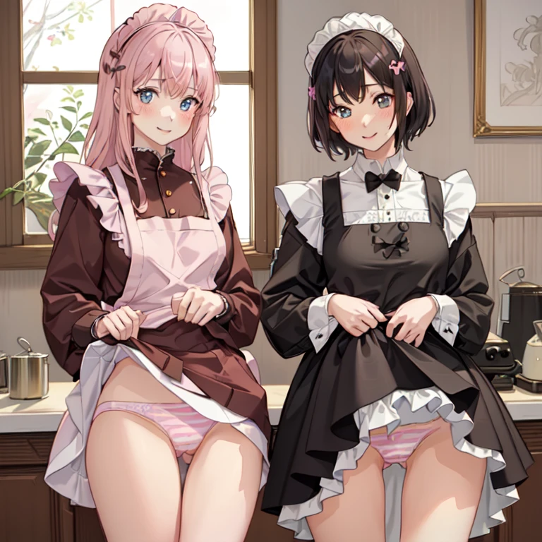 highest quality、masterpiece、((2 girls:1.5))、((smile:1.3))、(blush:1.3)、Black Shirt、blouse、((fun!!))、(Small breasts)、()、Blonde、(Long sleeve)、((White apron:1.5))、((Maid))、((hair ornaments)),、Kamimei、look at me、 ((in house:1.5))、 Taking a break from watching the audience、Cowboy Shot、(Skirt lift:1.3),(Highly detailed pink striped panties:1.3)、(Highly detailed panties:1.3)、、(スカート that rolls up:1.3)、(Panties fully exposed:1.5)、Light blue eyes、long hair、Glowing Eyes