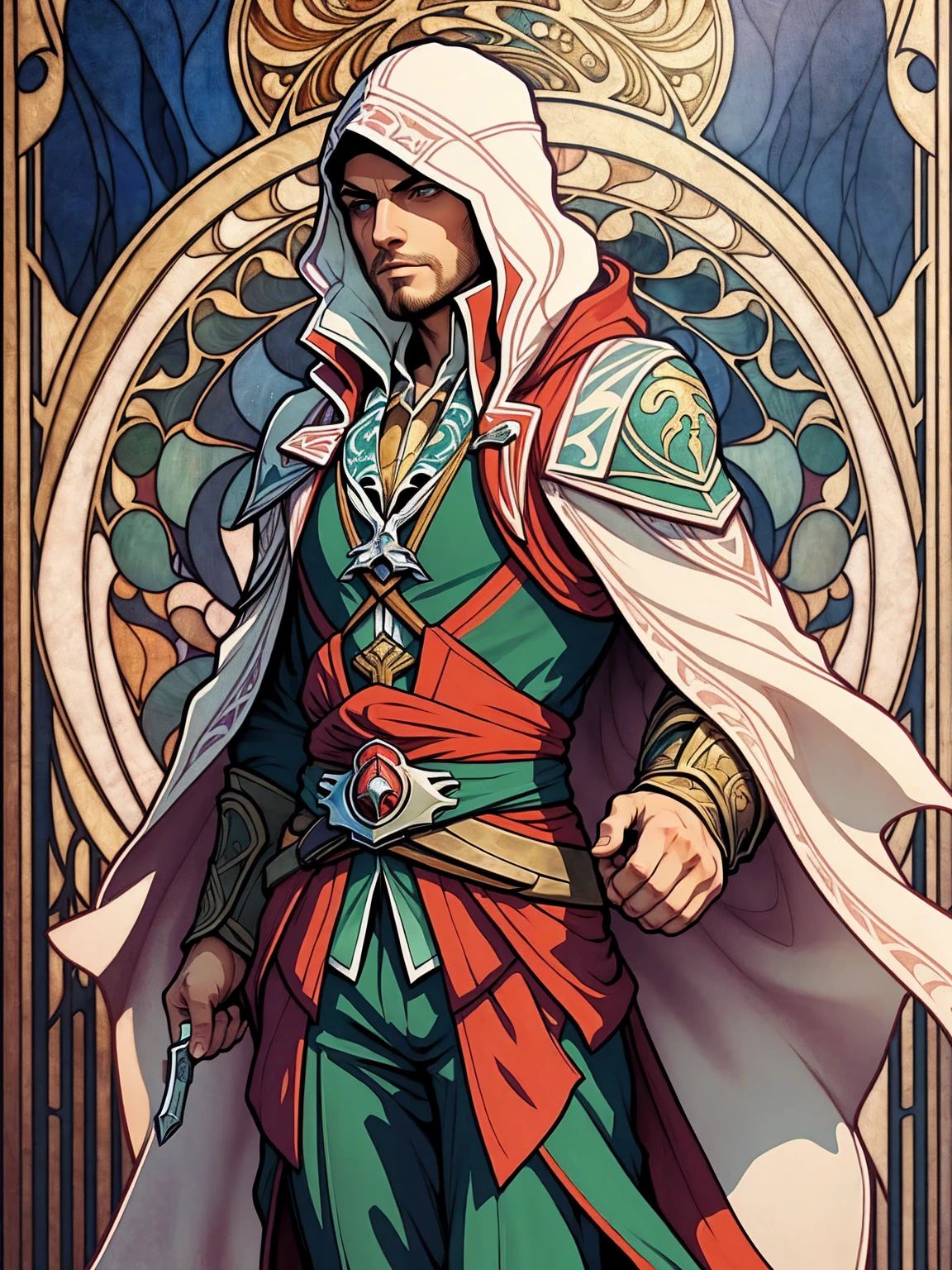 ((Art Nouveau Style)); Ezio Auditore da Firenze (Assassin's Creed Character) in a stoic pose; ((Traditional Assassin's Creed outfit)); standing; Assassin's Creed style; ultrarealistic skin, ultrarealistic face; ultrarealistic body; ((ultrarealistic gold ornaments)); detailed skin; ultra detailed eyes; ultra detailed face; full body symmetrical with thick lines, Fibonacci, golden ratio, 3D metal structure tessellation, neural graphic, neurons, color, love, passion, incredibly detailed, 8k, masterpiece, artstation, surreal