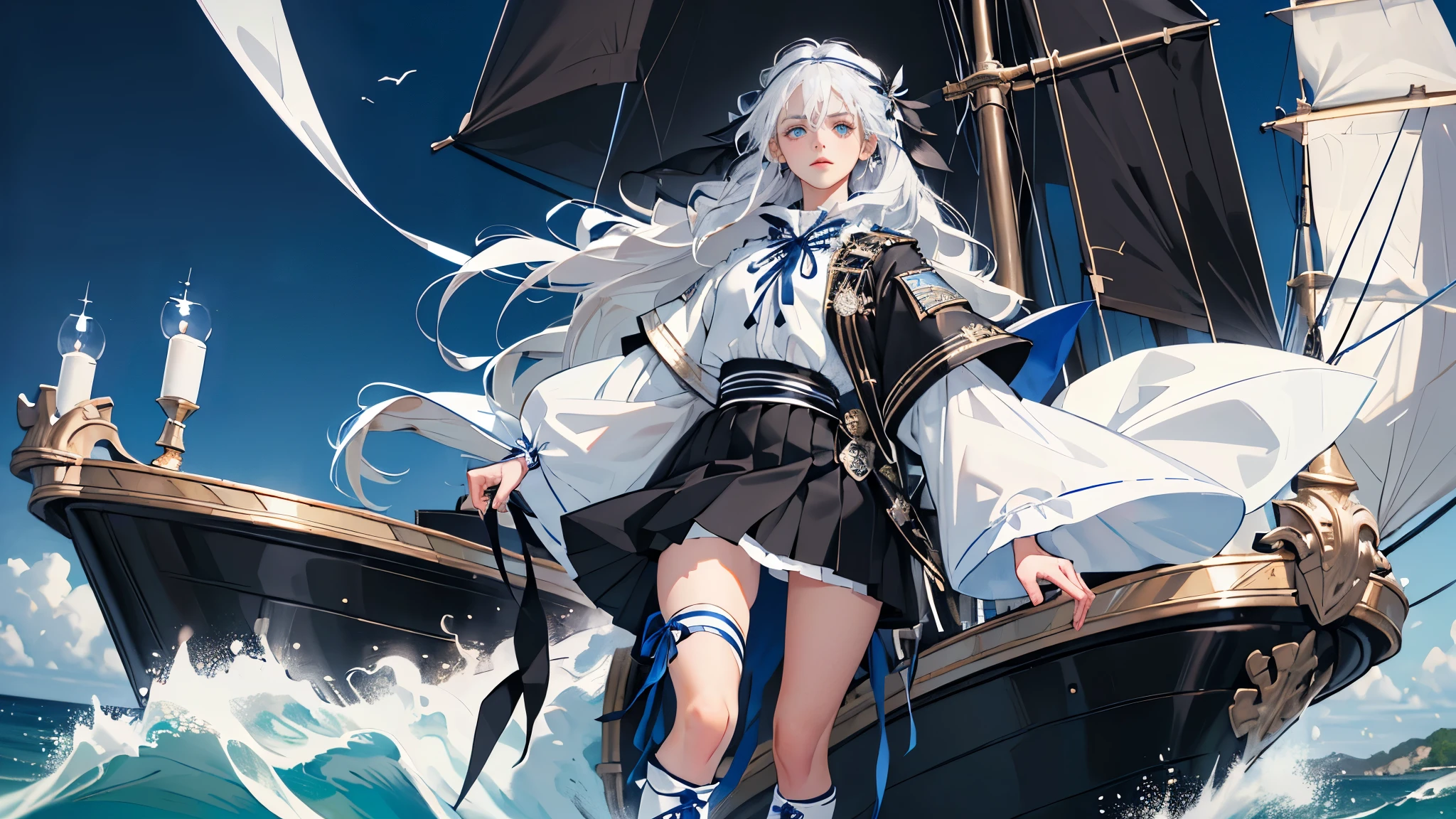 masterpiece, ultra detailed, 8k portrait, RAW photo, portrait photography, highly detailed face, beautiful and meticulous eyes, (black long hair:1.5), blue eyes, (white hair band and ribbon:1.5), white center line blue military uniform, blue pleats mini skirt, on the Pirates ship, white tights, half boots, standing, by the sea,
