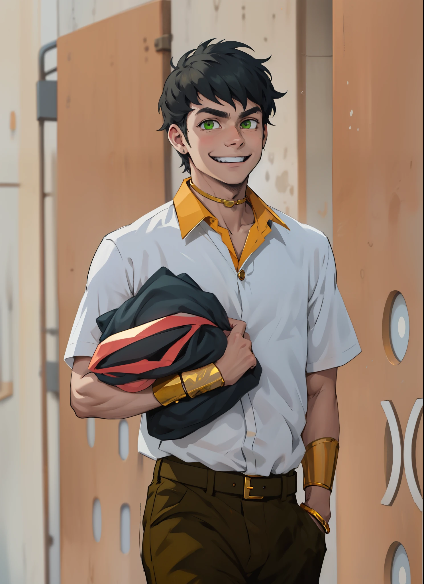 green eyes 17 years old smiles mischievously sees someone has golden jewelry golden bracelets
