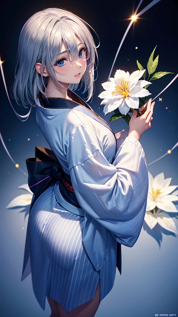 (Very delicate), (Clear focus), (High resolution), Distorted depth of field blurred background, Detailed Background, The perfect layered cut, Atmospheric Distance Sense, (Full Body Shot/Cowboy Shooting/Rear View/Top View/Top View), wallpaper, (((Silver hair gradation with light blue stripes))), Cute beautiful face, (Focus on the face), Highly detailed facial texture, ((Clear bright blue eyes)), Thin eyebrows, Long upper eyelashes, double eyelid, Upper Eye, High fidelity eyes, (Very fine eye), Sexy and attractive lips, Lips with attention to detail, White skin, Delicate skin, Microlight, complicated, Familiar, black magician, particle, constellation, Stardust, universe, ((flower)), Pleasant Peace, peaceful, Japan, Himiko, kimono, With crystal, Fortune telling, Time and space, artistic, 8k