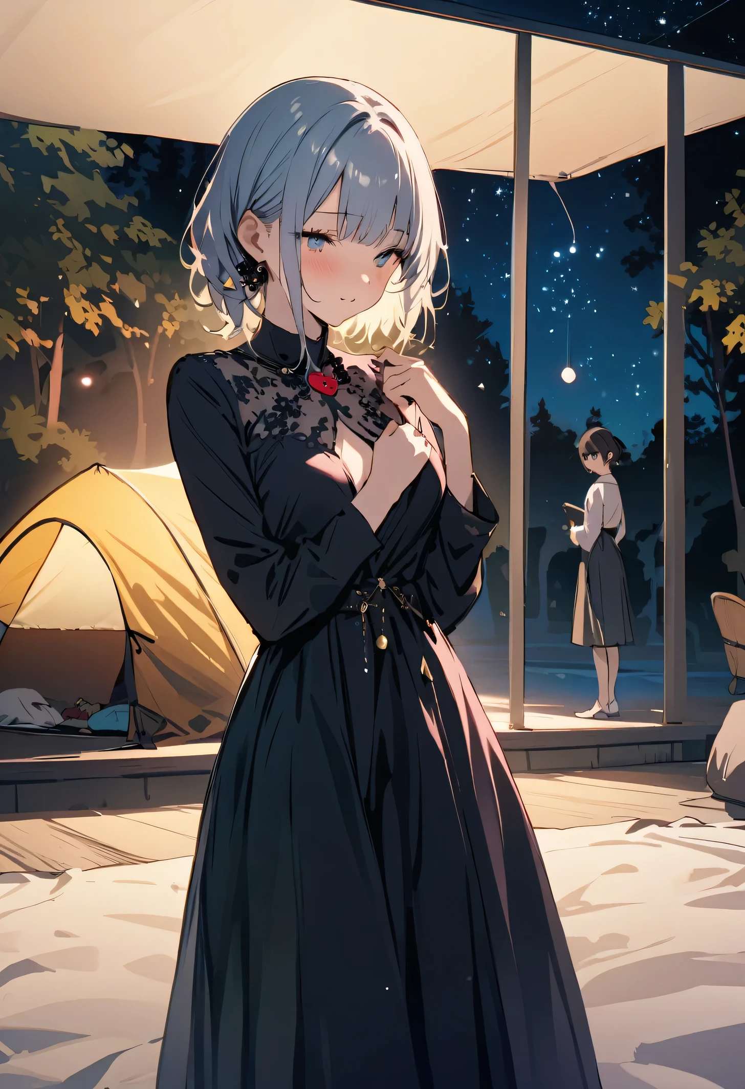 masterpiece, highest quality, Illustration of the novel, High resolution, 18+ Adult content, Sensual, Intimate, Emotional, Passionate, romantic, sweet, Adorable, Innocent, Pure, Charming, Charming, Charm, Mysterious, Charming, Charming, Immersive, Charming, dream-like, Surreal, Imaginative, Whimsical, artistic, Avant-garde, timeless, elegant, Sophisticated, chic, Sophisticated, ((Cowboy Shot)),(((Woman camping under the stars)).