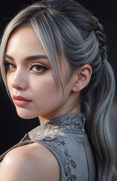 highly Detailed, 8K, masutepiece, 1girl in, Grey two-tone_hair, Dress , , (Perfect_Face), ornate, Convoluted, Dramatic Lighting, 4K, Detailed_Background, Caustics, Portrait, , from a_Side