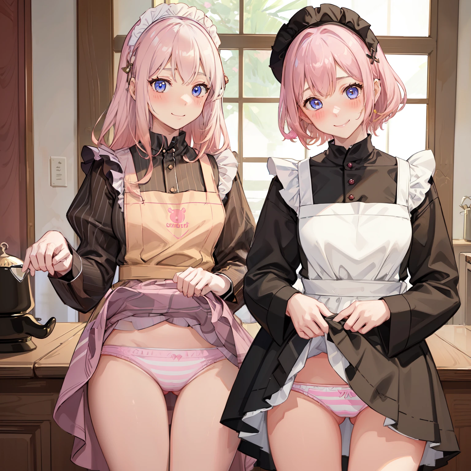 highest quality、masterpiece、((2 girls:1.5))、((smile:1.3))、(blush:1.3)、Black Shirt、blouse、((fun!!))、(Small breasts)、()、Blonde、(Long sleeve)、((White apron:1.5))、((Maid))、((hair ornaments)),、Kamimei、look at me、 ((in house:1.5))、 Taking a break from watching the audience、Cowboy Shot、(Skirt lift:1.3),(Highly detailed pink striped panties:1.3)、(Highly detailed panties:1.3)、、(スカート that rolls up:1.3)、(Panties fully exposed:1.5)、Light blue eyes、long hair、Glowing Eyes
