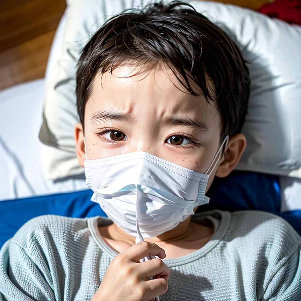 Handsome  with infectious disease、Appearance of suffering. He is wearing a white mask. He has a high fever. he is sleeping. He has a cough. He is exhausted. He is taking his temperature with a thermometer. He is dying. He is cooling his forehead with a cooling gel sheet..Are crying