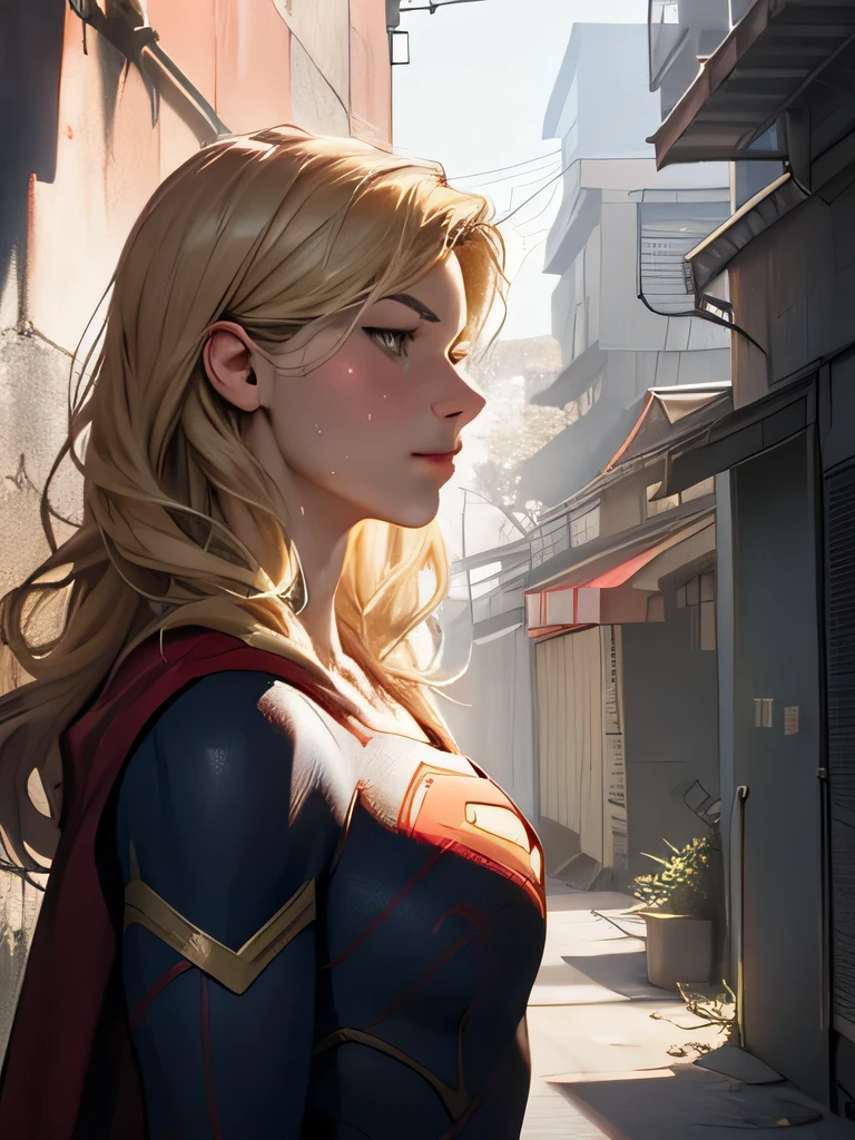 (masterpiece:1.3), (8k, Realistic, RAW Photos, highest quality: 1.4), Absurd, Charm, Ultra-high resolution, Ultra-realistic, Very detailed, Golden Ratio, (Realistic), (Best Shadow), Low contrast, (Complex:1.4), Side lighting, 8K, Beautiful Face, (Realistic Face), Beautiful hairstyle, Realistic eyes, Beautiful fine details, (Realistic Skin), Beautiful Skin, (One girl), ((Melissa Benoist)), ((SUPER GIRL)), (Accurate hand and finger depiction), Supergirl Women, (Blonde, Long Hair:1.4), ((Red cloak)), BREAK ((Facing forward)), (Sweat), BREAK ((A deserted back alley in the city)), ((New York cityscape)), ((Red brick building)), (Front view)