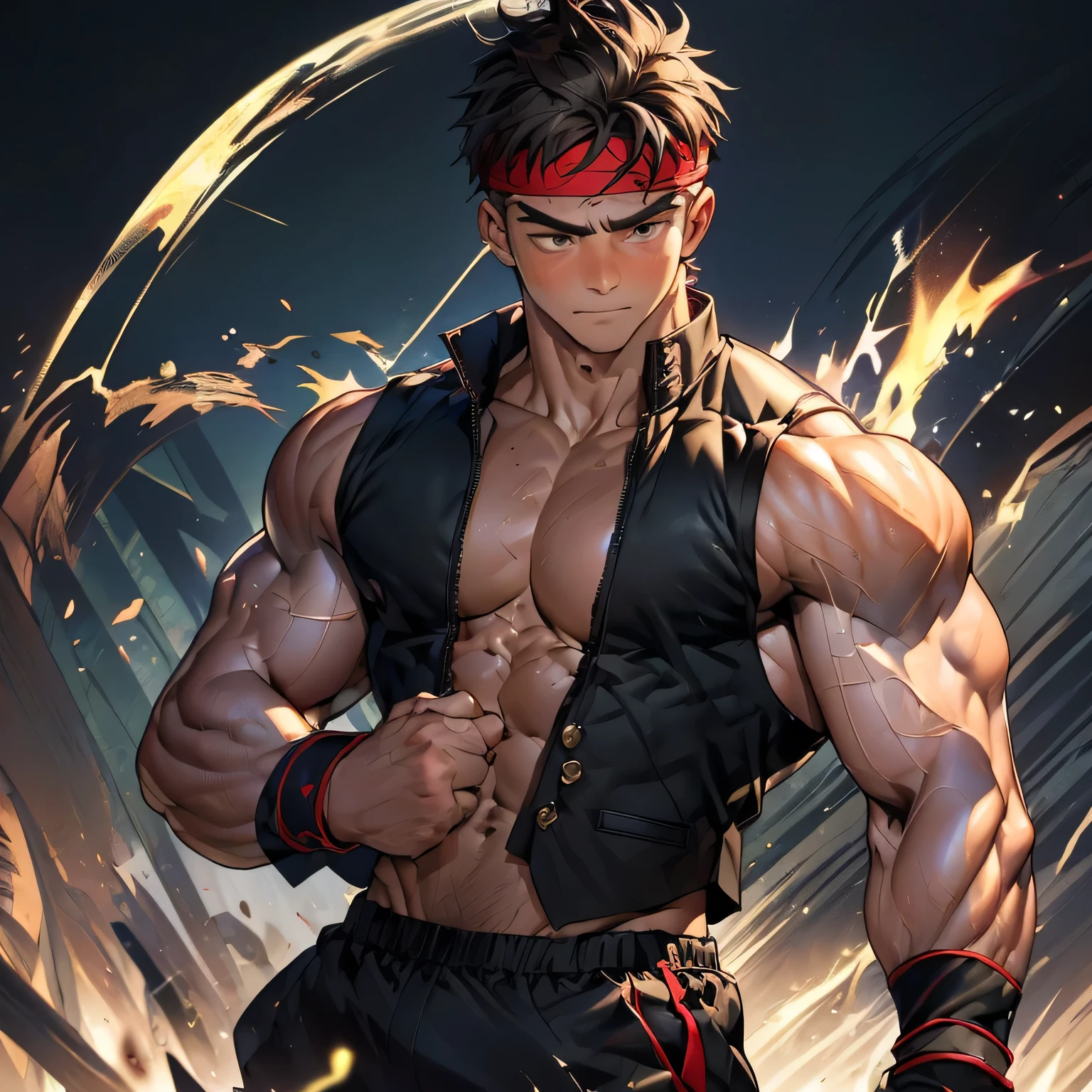 (Masterpiece, Best quality 19 year old boy, black background, bust shot, looking away), solo, Young, boy, muscler, Shirtless, topless, (Dark Short straight hair, under cut, brown eyes), (red headband, ((black wristband, very short length tight open vest, blown mantle))), Vivid colors, (hot Abs:1.2, abs!, big abs, big breast:1.2, chest!, muscler upper arms), (topless male), muscler!, muscler, muscler body, (aura power:1.4), detailed face, detailed muscle, (((A magical mystical aura, rippling muscles, fighting pose)))