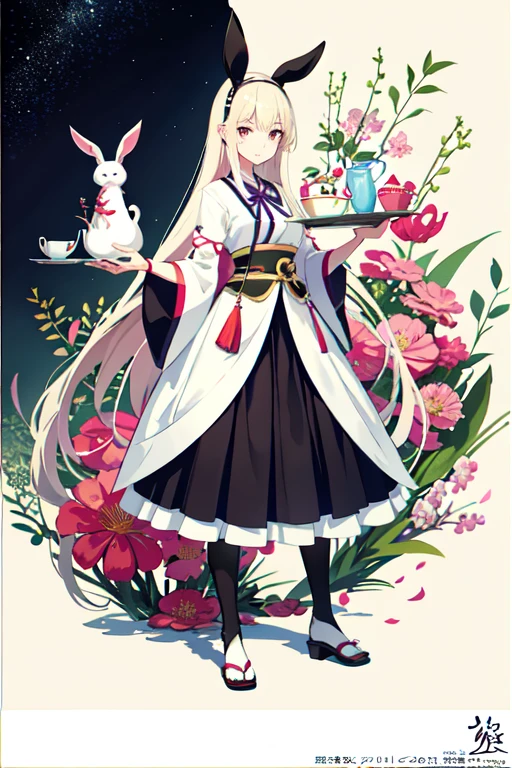 Cartoon image of a woman with rabbit ears holding a tray, Concept Art:Jin Homura, Pixiv, shin hanga, from Girls' Frontline, sfw version, tits cyberpunk, Tear from Overlord, Fine details. Girls' Frontline, thick, tits, biomechanical tits, black, Enchanting anime girl, marin kitagawa fanart