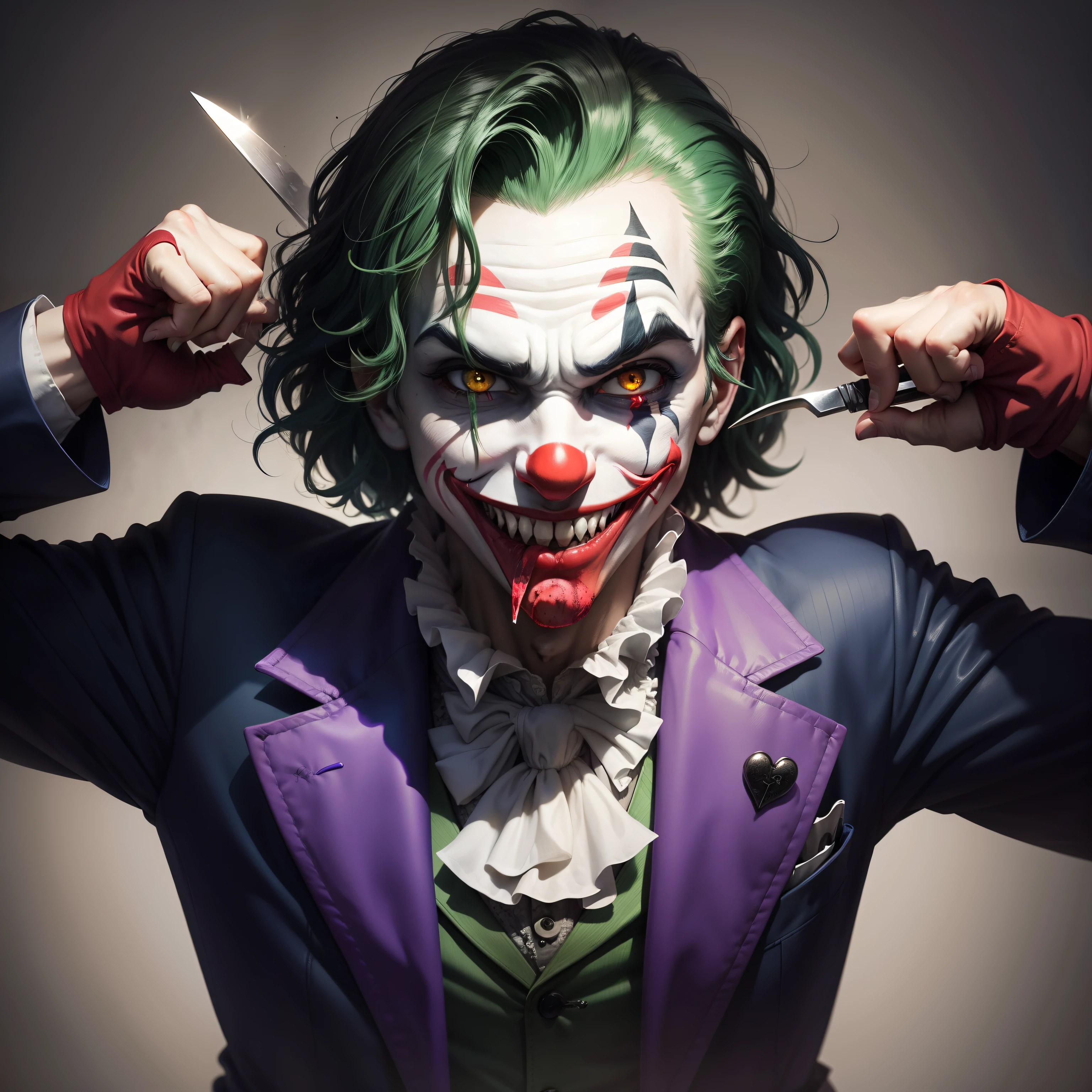 Joker Clown with a knife in his mouth smiling with a look of astonishment and wearing a rock outfit