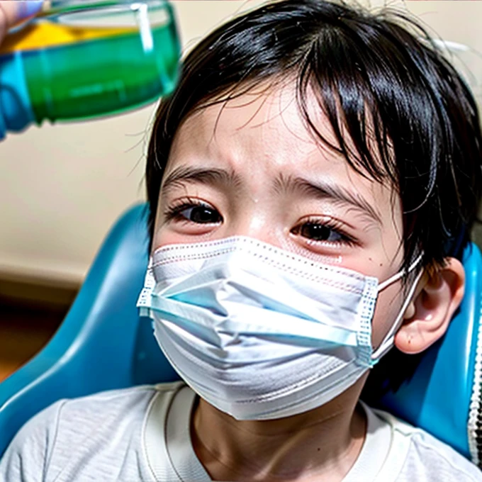 Handsome kindergarten boy with infectious disease、Appearance of suffering. He is wearing a white mask. He has a high fever. he is sleeping. He has a cough. He is exhausted. He is taking his temperature with a thermometer. He is dying. He is cooling his forehead with a cooling gel sheet..Are crying
