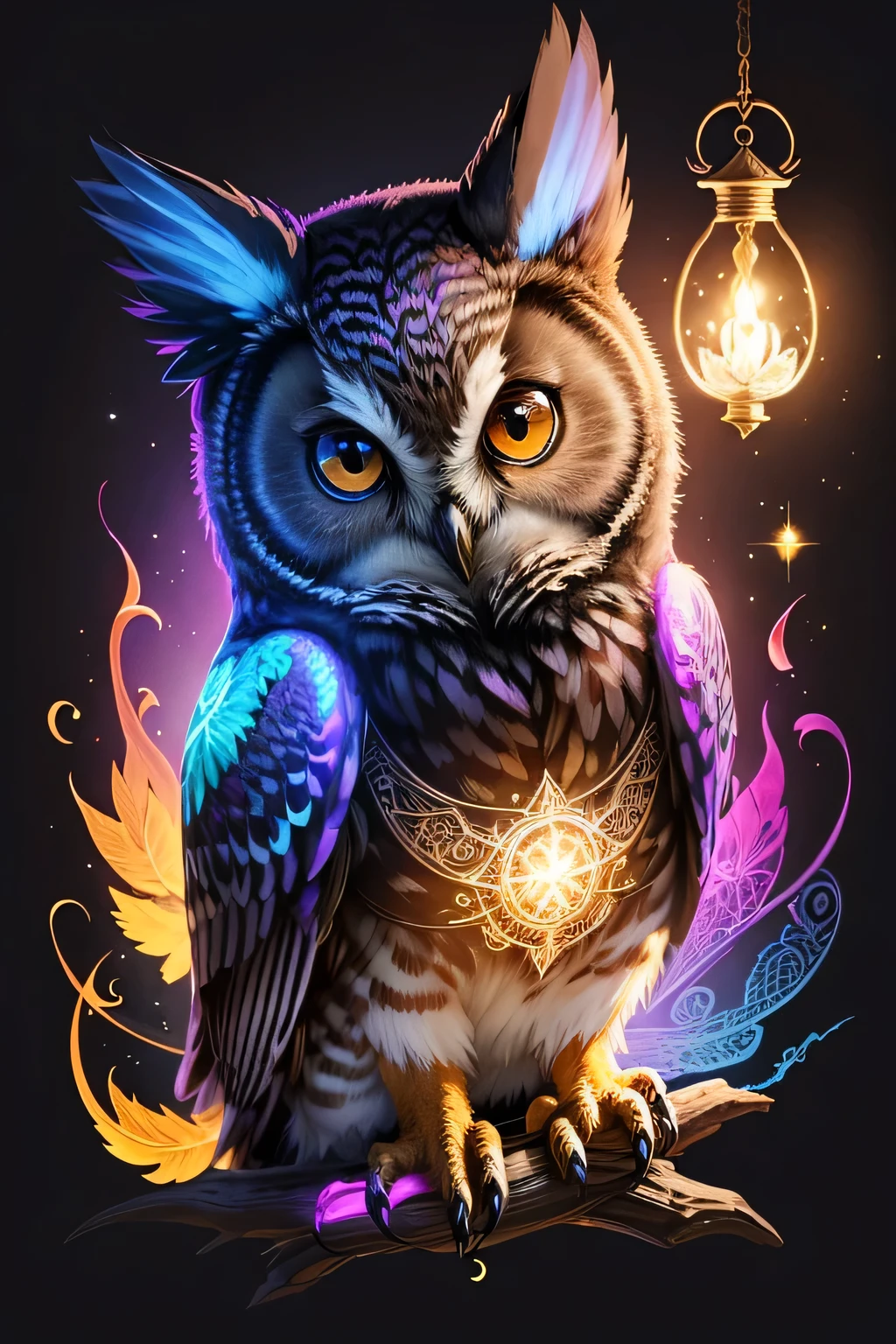 Colorful owl drawing on a black background,, Breathtaking Rendering, In a shining connection, Inspired by Kinuko Y. Crafting,, Magical Elements, Kitten Icon, oh, Is beautiful, Cast a variety of spells, bright flash, flash